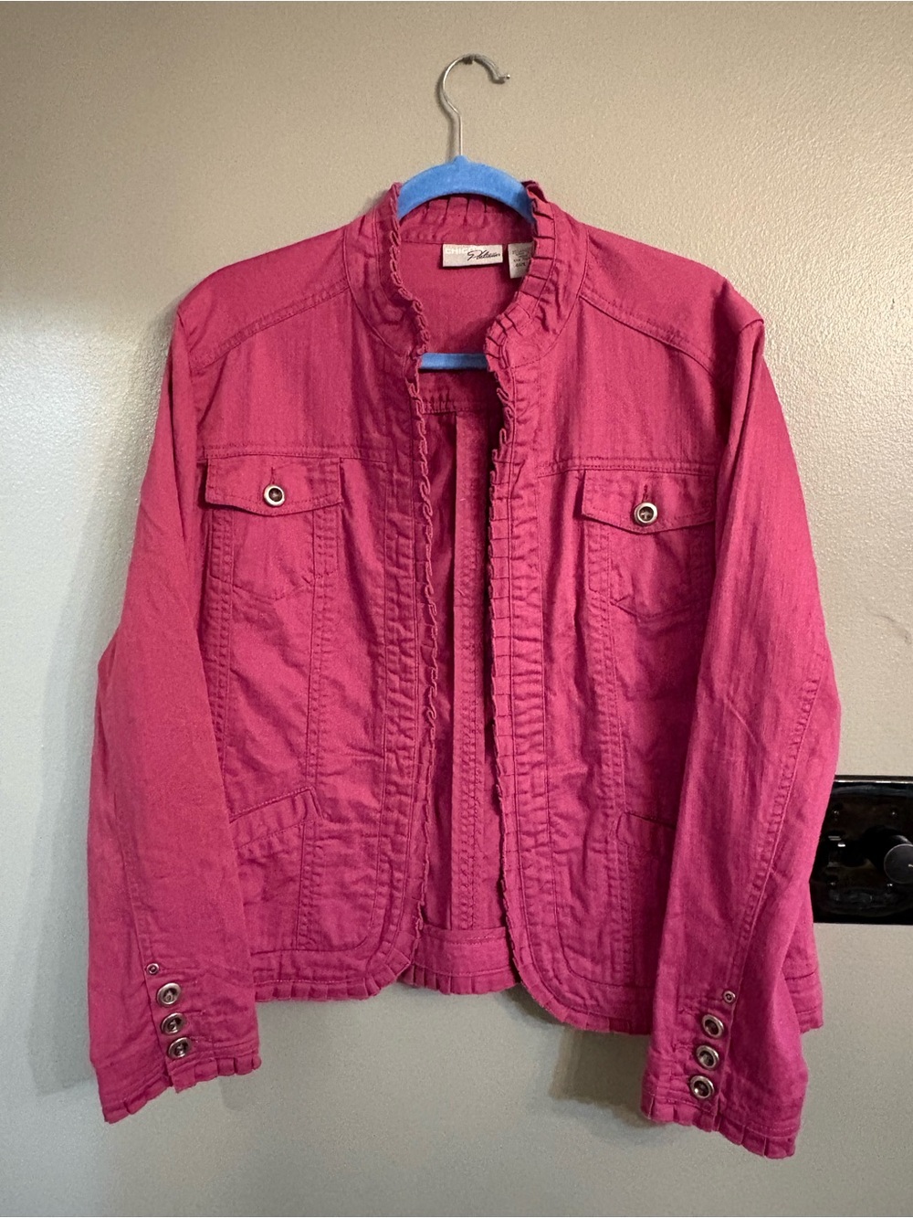Chico's Platinum Raspberry Pink Ruffle-Trim Cotton Jacket size 2 large
